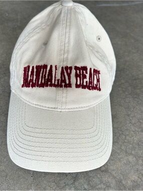 Vintage Mandalay Beach Embroidered Baseball Cap - White with Maroon Text